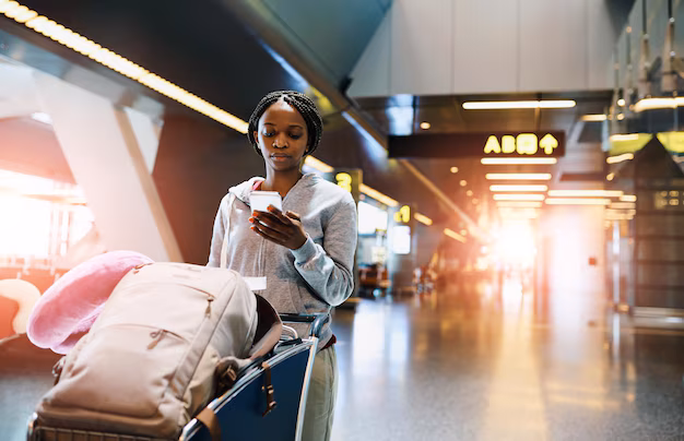 Traveler checking Uber app at Punta Cana airport arrivals